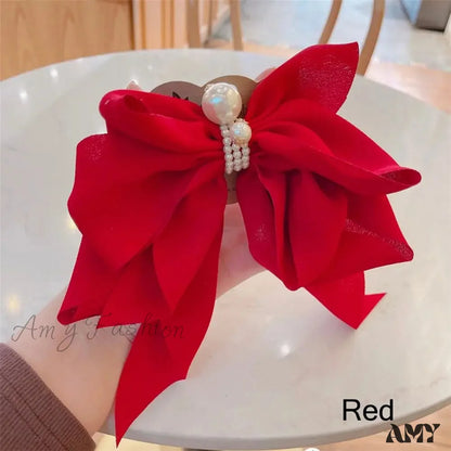 Ribbon Bowknot Ponytail Hair Accessory - Spring Fashion Christmas Red