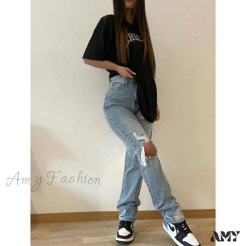 Ripped High Waist Hollow Out Straight-Leg Large Size Boyfriend Streetwear Y2K Jean