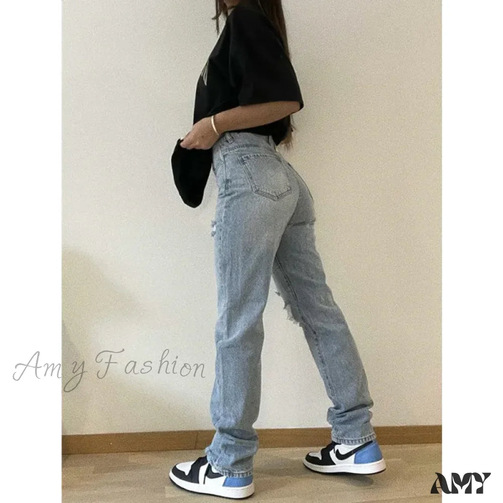 Ripped High Waist Hollow Out Straight-Leg Large Size Boyfriend Streetwear Y2K Jean