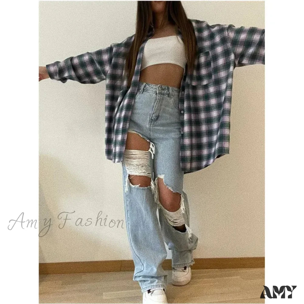 Ripped High Waist Hollow Out Straight-Leg Large Size Boyfriend Streetwear Y2K Jean Blue / S