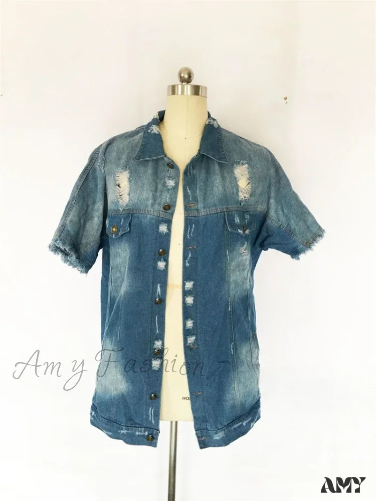 Ripped Jean Summer Broken Holes Denim Streetwear Short Sleeve Jacket