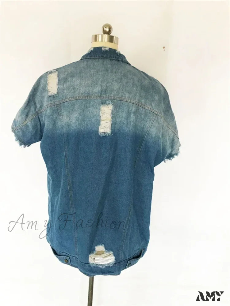 Ripped Jean Summer Broken Holes Denim Streetwear Short Sleeve Jacket