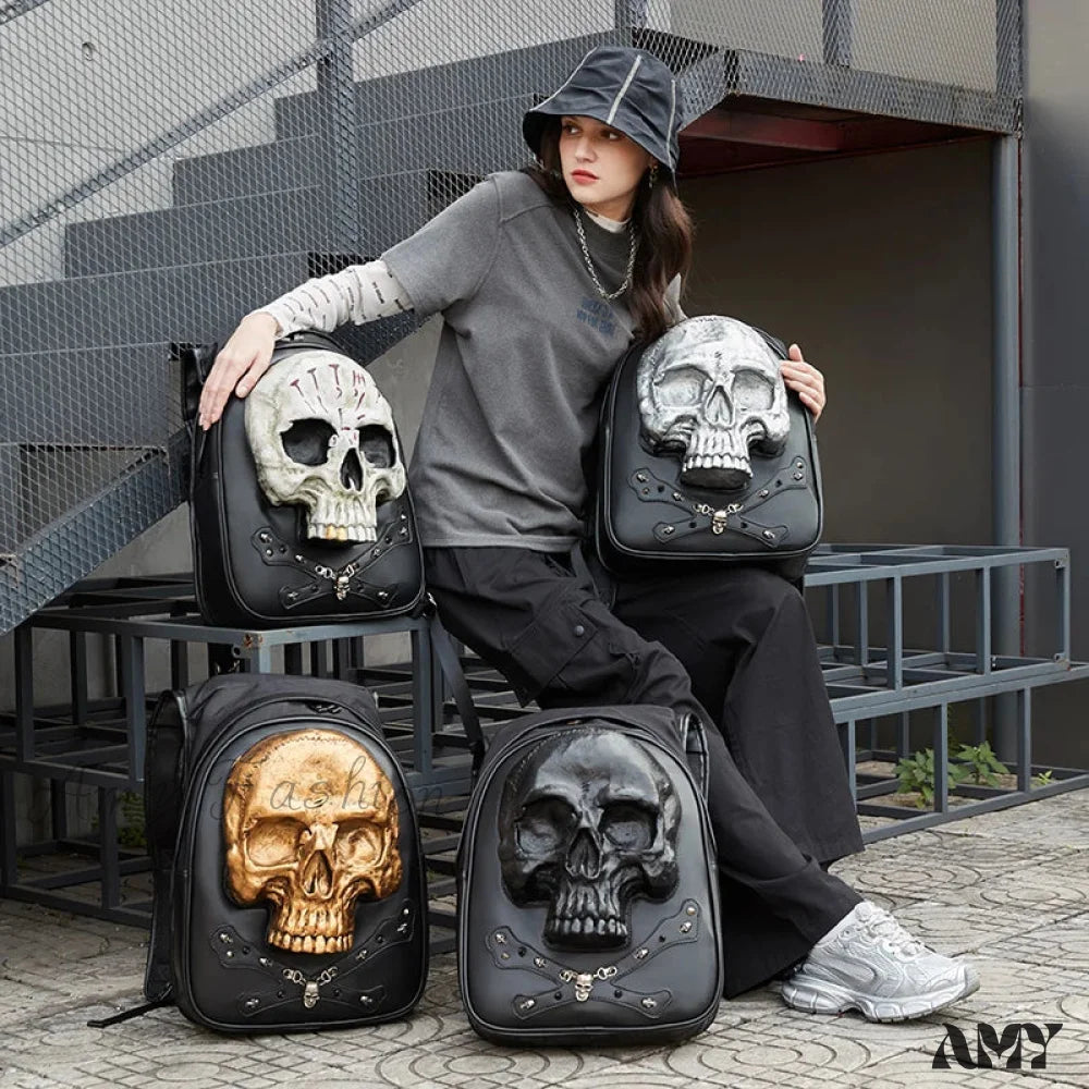 Rivets Backpack 3D Punk Rock Skull Laptop Bag Gothic Travel Embossed Leather