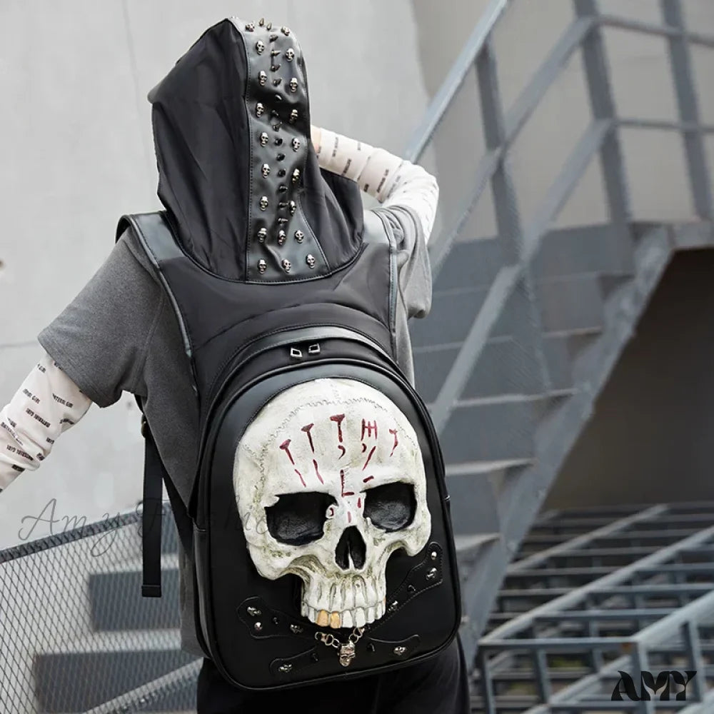 Rivets Backpack 3D Punk Rock Skull Laptop Bag Gothic Travel Embossed Leather