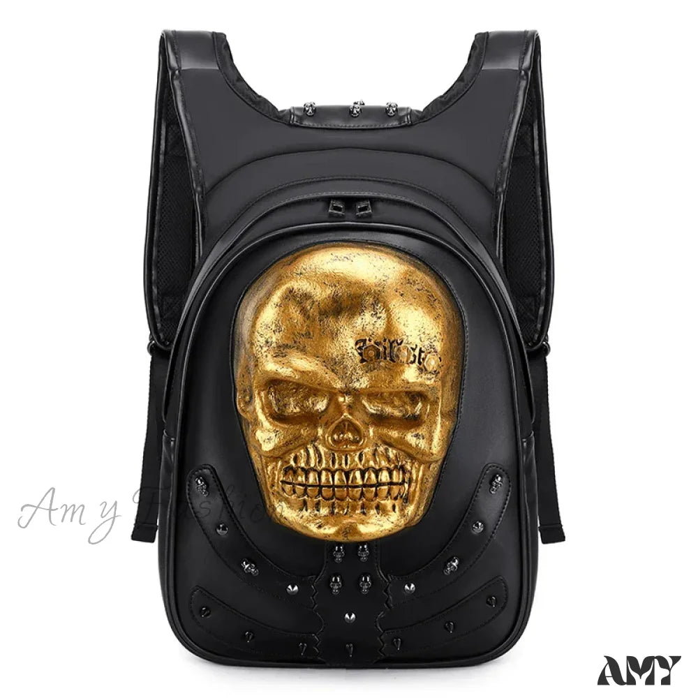 Rivets Backpack 3D Punk Rock Skull Laptop Bag Gothic Travel Embossed Leather Black 3