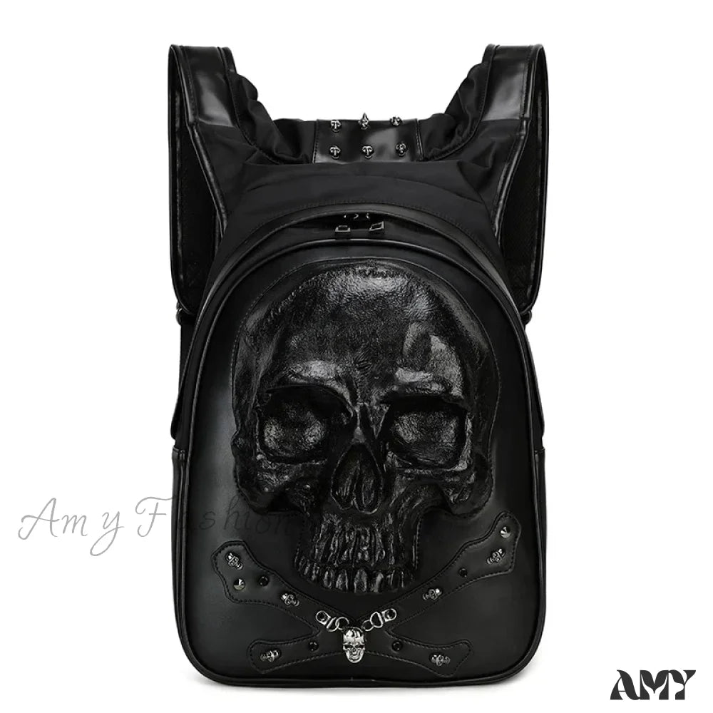 Rivets Backpack 3D Punk Rock Skull Laptop Bag Gothic Travel Embossed Leather Black