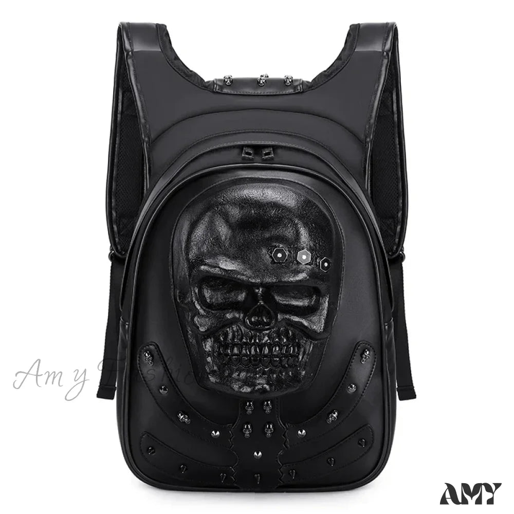 Rivets Backpack 3D Punk Rock Skull Laptop Bag Gothic Travel Embossed Leather Brown