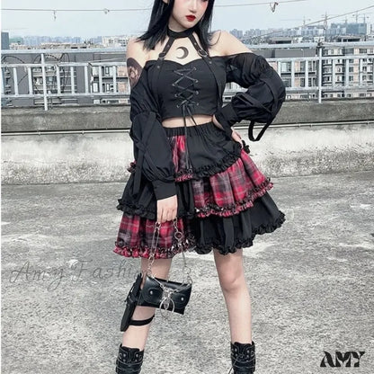 Rock Stitching Skirt Spice Cosplay Red High Plaid Girl Waist Harajuku Two-Dimensional Dark