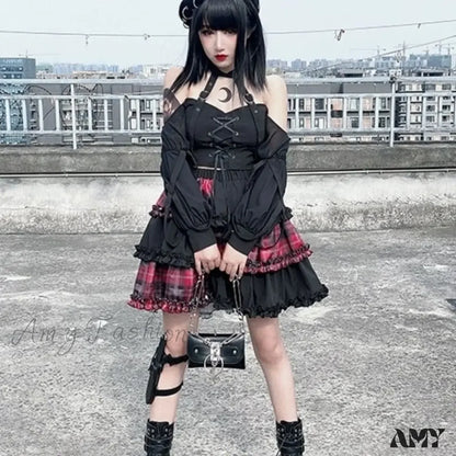 Rock Stitching Skirt Spice Cosplay Red High Plaid Girl Waist Harajuku Two-Dimensional Dark