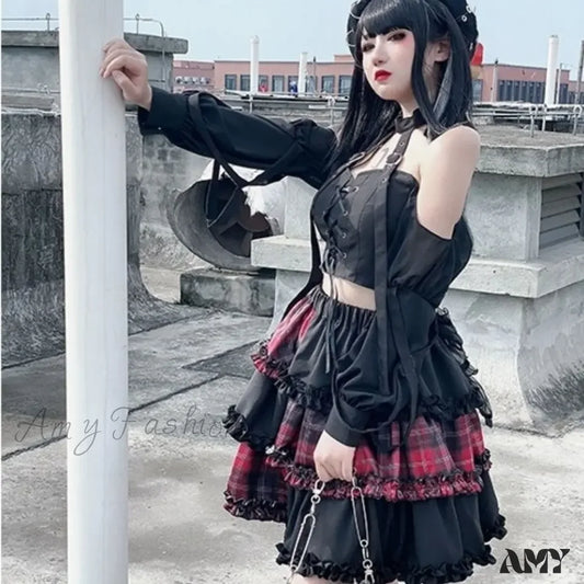 Rock Stitching Skirt Spice Cosplay Red High Plaid Girl Waist Harajuku Two-Dimensional Dark