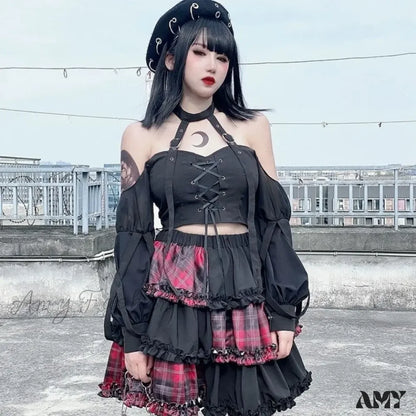 Rock Stitching Skirt Spice Cosplay Red High Plaid Girl Waist Harajuku Two-Dimensional Dark