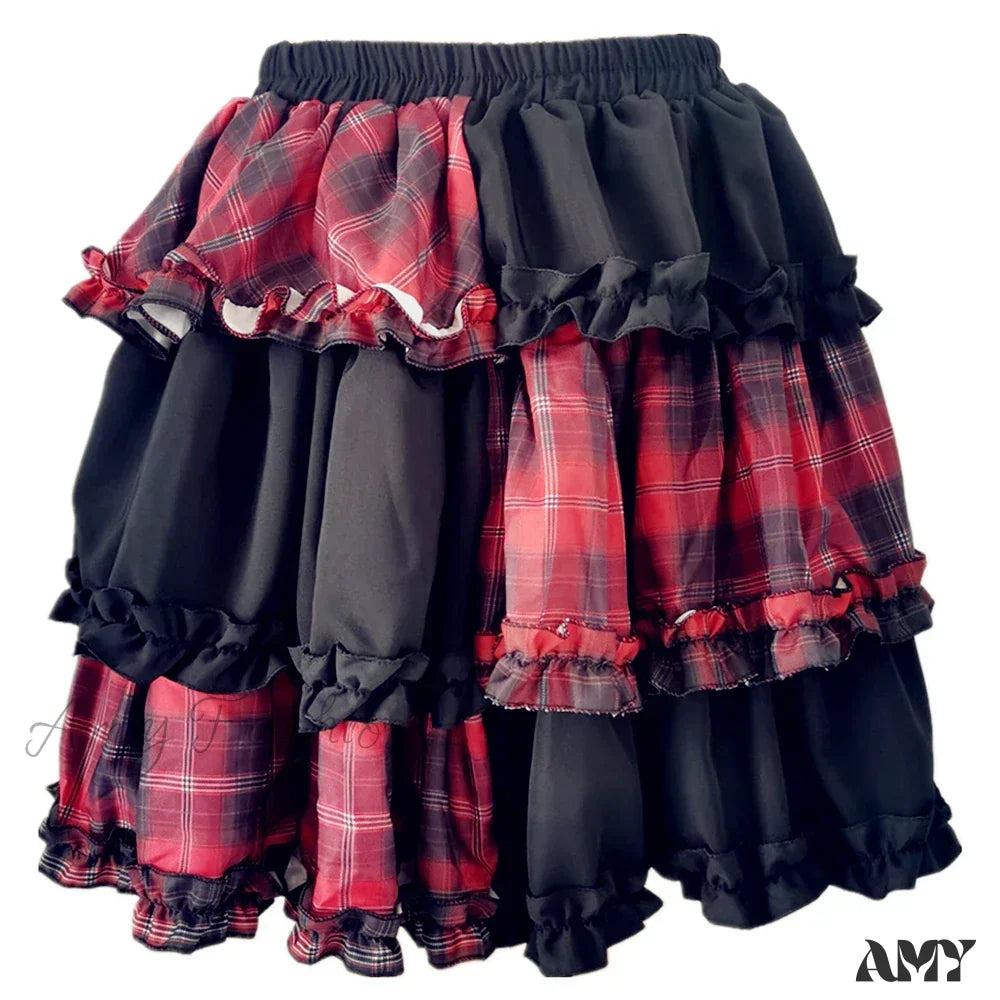 Rock Stitching Skirt Spice Cosplay Red High Plaid Girl Waist Harajuku Two-Dimensional Dark