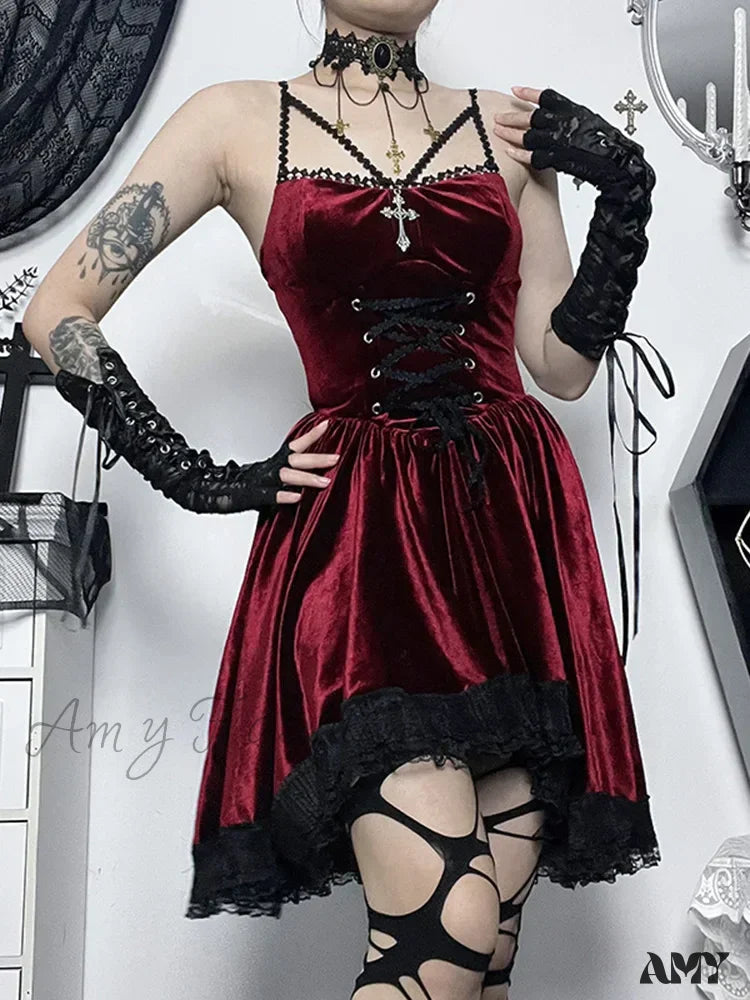 Romantic Fashion Lace Vintage Strap Velvet Dress Up Spaghetti Casual Gothic