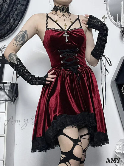 Romantic Fashion Lace Vintage Strap Velvet Dress Up Spaghetti Casual Gothic