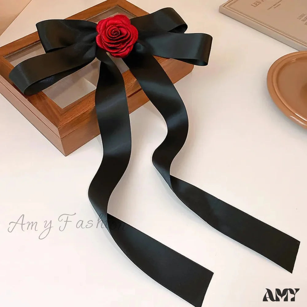 Rose Blossom Ribbon Spring Clip Hair Accessory Black