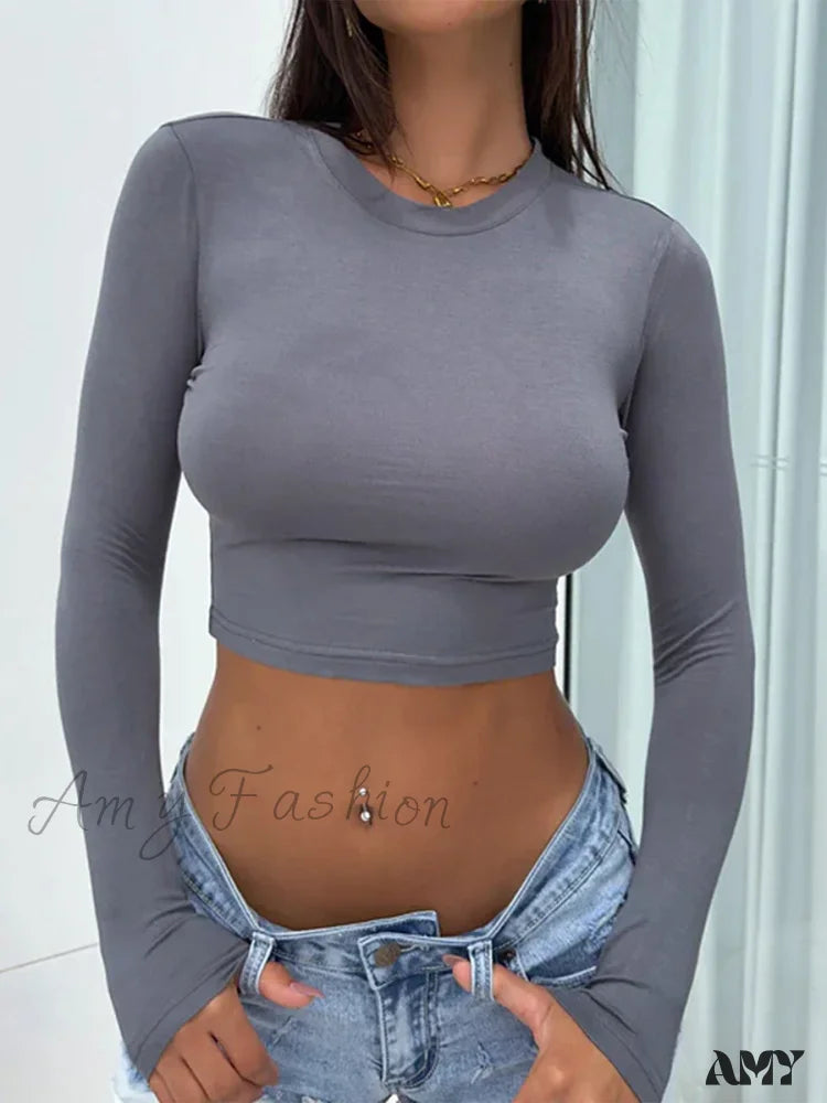 Round Neck Basic Long Sleeve Slim Fit Breathable Summer Streetwear Crop Top