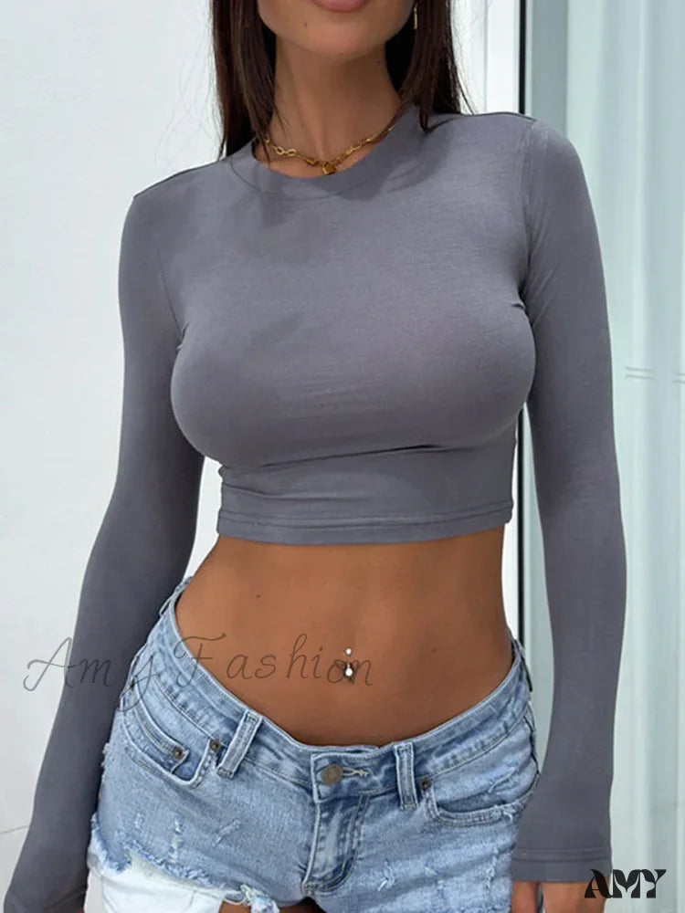 Round Neck Basic Long Sleeve Slim Fit Breathable Summer Streetwear Crop Top