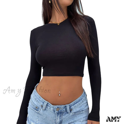 Round Neck Basic Long Sleeve Slim Fit Breathable Summer Streetwear Crop Top Black / S