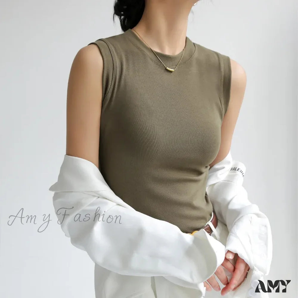 Round Neck Colourful Basic Sleeveless Side Cleavage Coverage Camisole Crop Top Army Green /