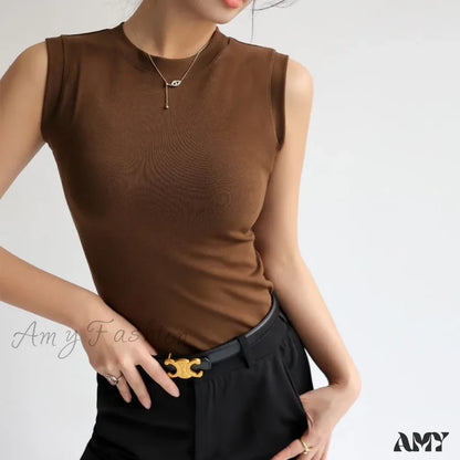 Round Neck Colourful Basic Sleeveless Side Cleavage Coverage Camisole Crop Top Coffee / S(35-47.5Kg)