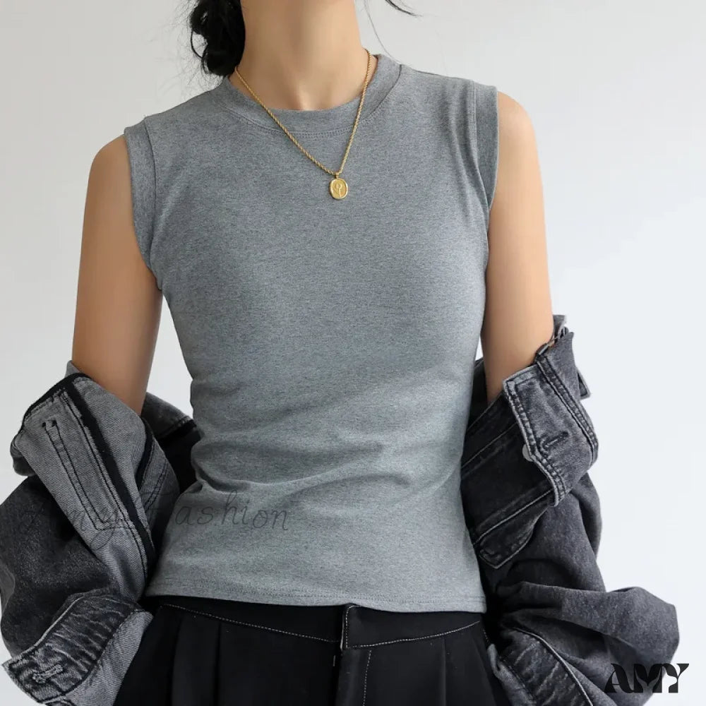 Round Neck Colourful Basic Sleeveless Side Cleavage Coverage Camisole Crop Top Grey / S(35-47.5Kg)