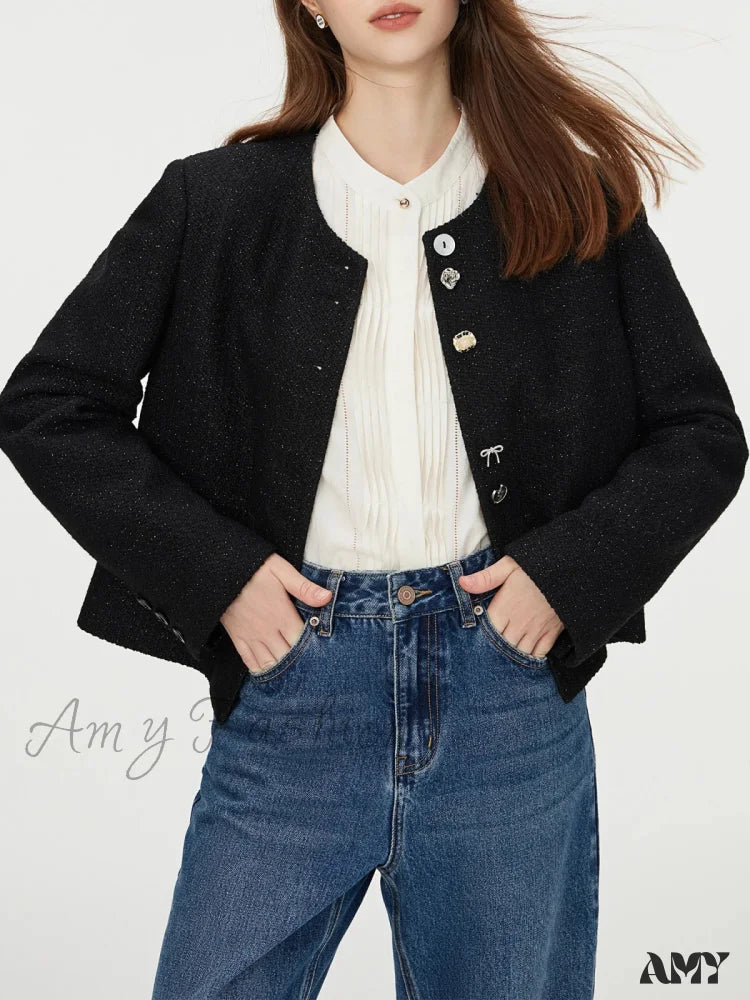 Round Neck Front Shoulder Black Short Special-Shaped Button Design Coat