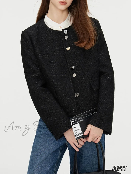 Round Neck Front Shoulder Black Short Special-Shaped Button Design Coat / Xs