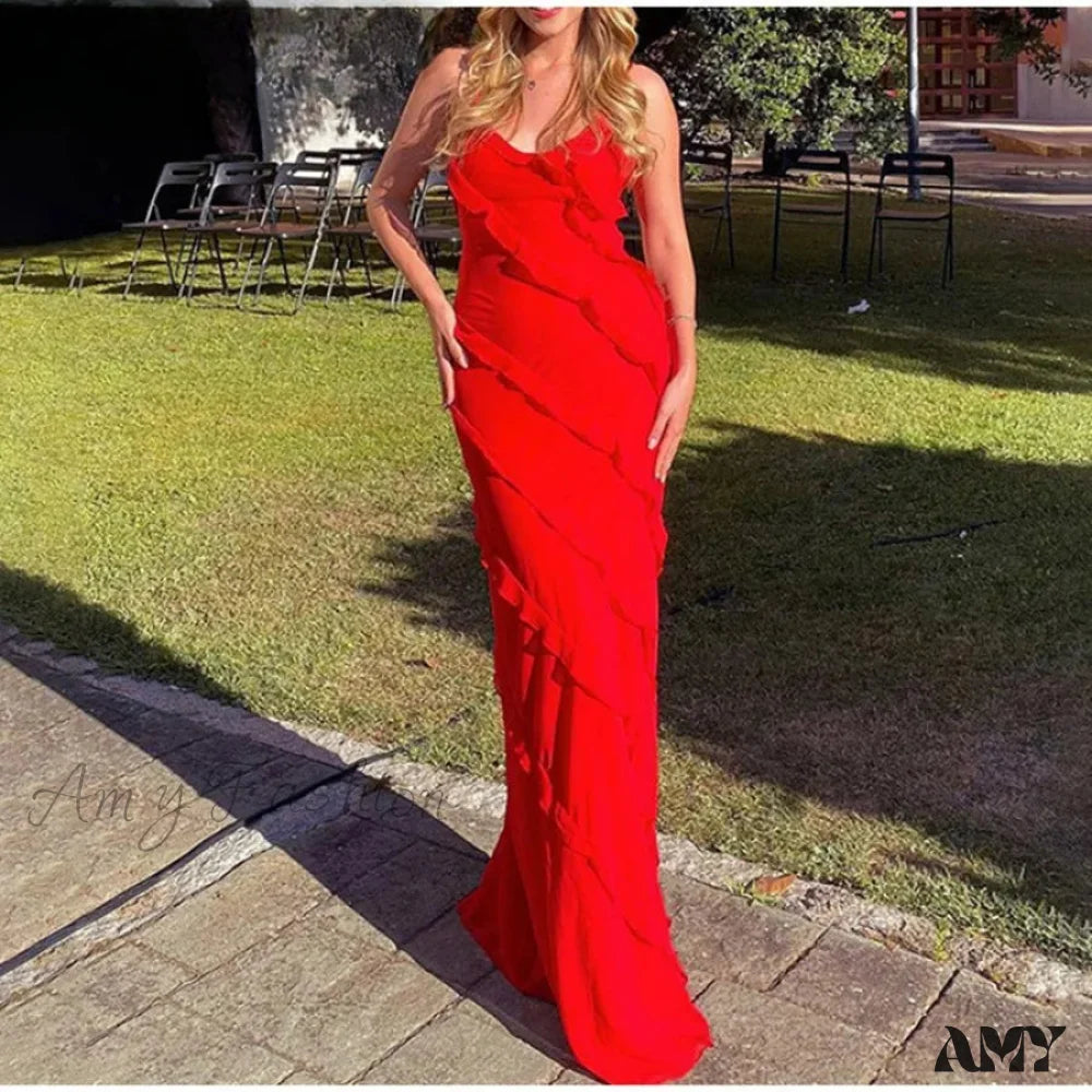 Ruffles Chiffon Backless Split Maxi Red Christmas Party Dress