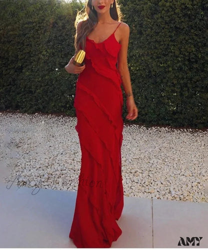 Ruffles Chiffon Backless Split Maxi Red Christmas Party Dress