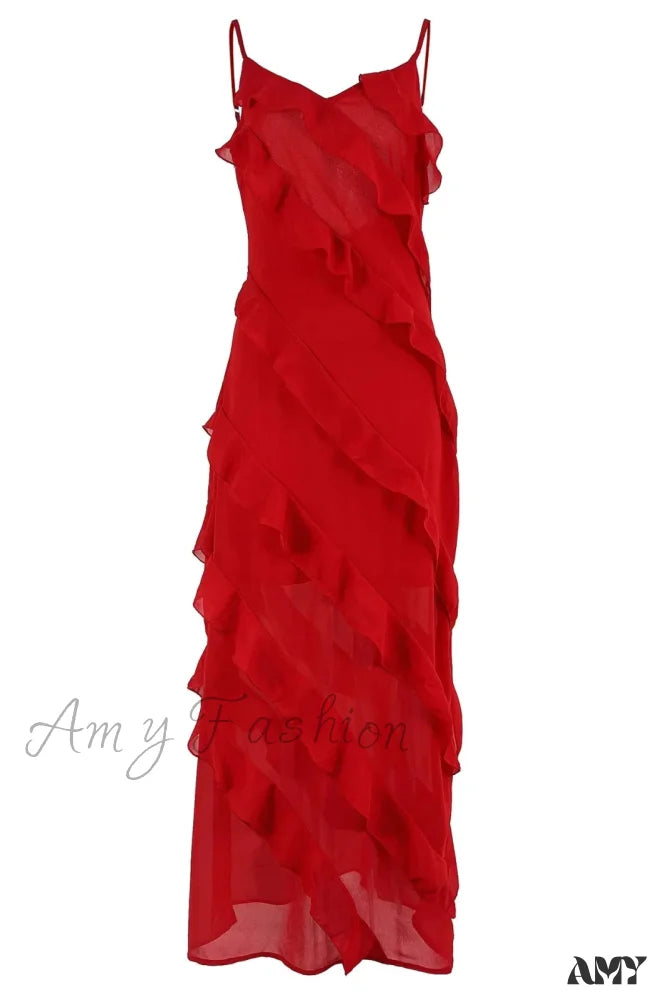 Ruffles Chiffon Backless Split Maxi Red Christmas Party Dress / S