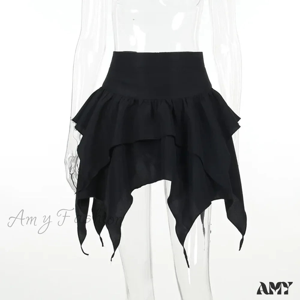 Ruffles Sexy Tie-Up Irregular Drawstring Skirt Ruched Mini Solid Color Black / S