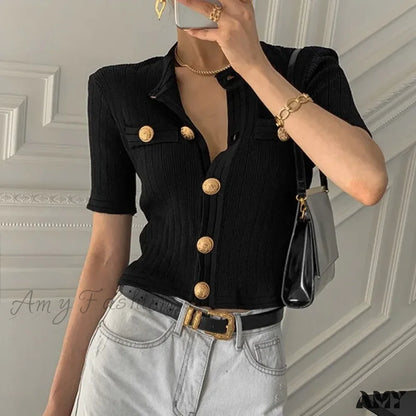 Runway Chic Elegant O-Neck Big Button Slim Short Knitting Sweater Black / One Size