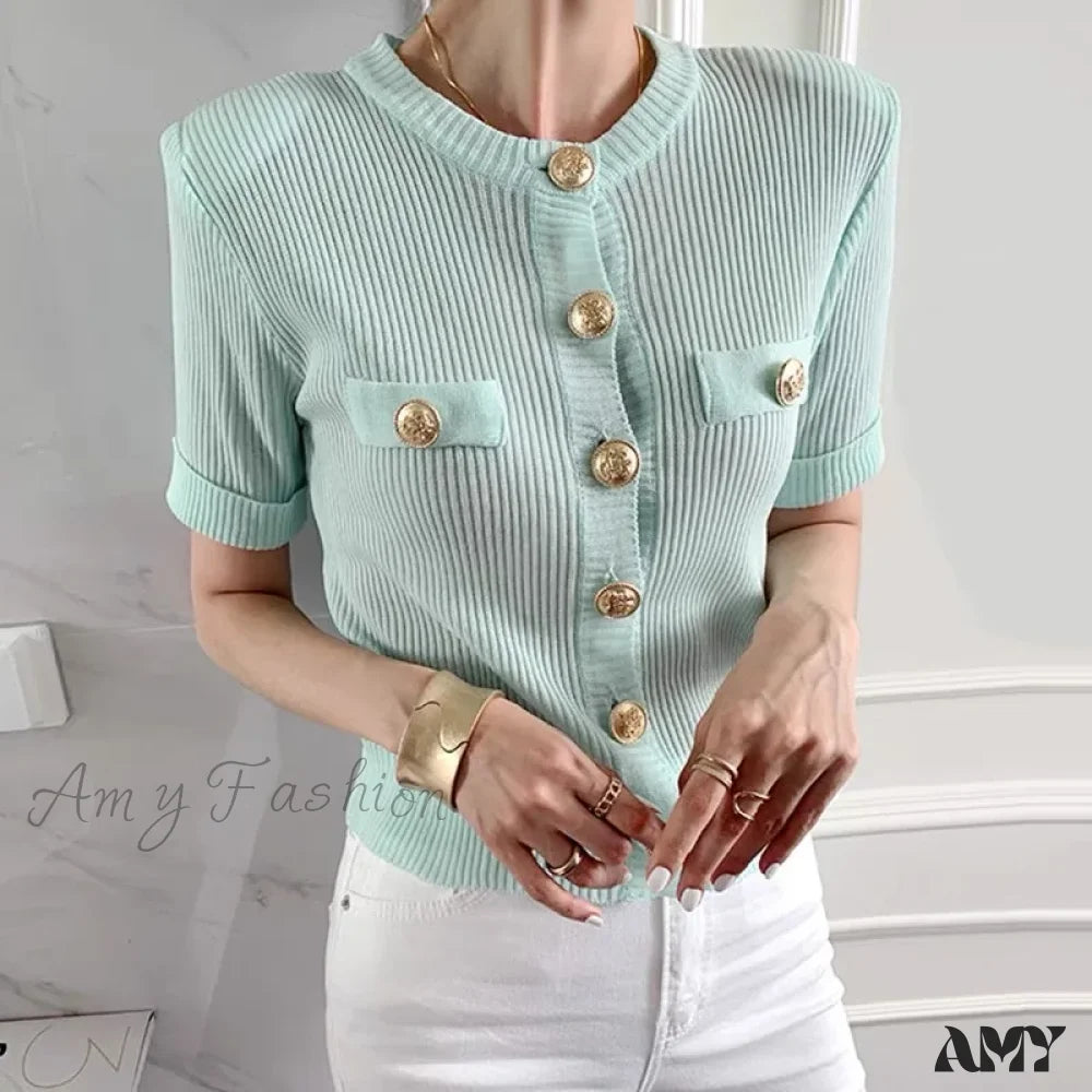 Runway Chic Elegant O-Neck Big Button Slim Short Knitting Sweater Green / One Size