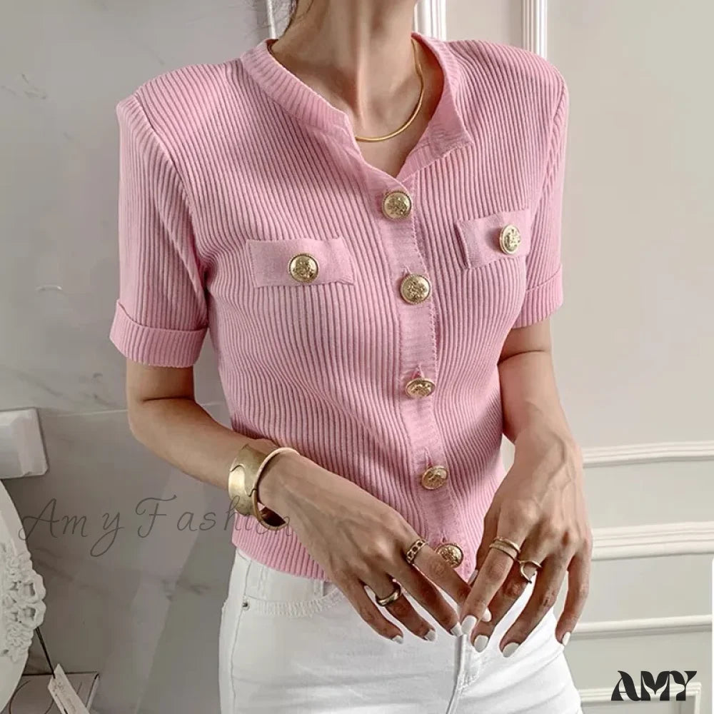 Runway Chic Elegant O-Neck Big Button Slim Short Knitting Sweater Pink / One Size