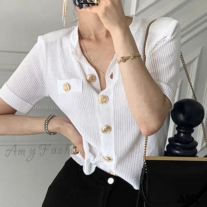 Runway Chic Elegant O-Neck Big Button Slim Short Knitting Sweater White / One Size