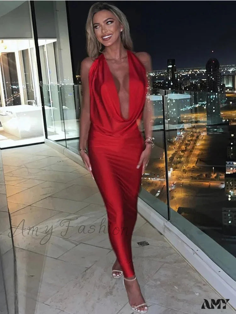 Satin Deep V Neck Sleeveless Maxi Christmas Party Dress