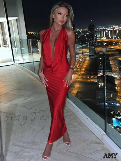 Satin Deep V Neck Sleeveless Maxi Christmas Party Dress