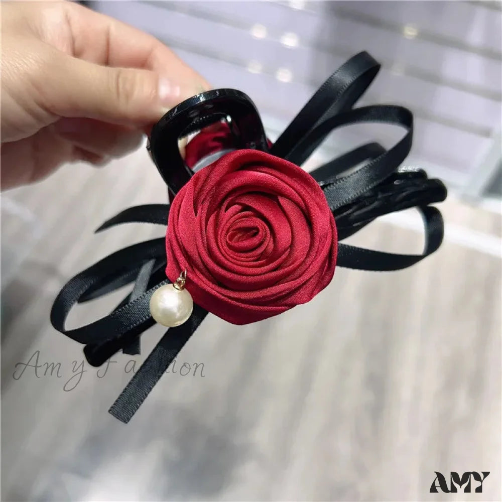 Satin Rose Large Christmas Hair Accessory Dark Red