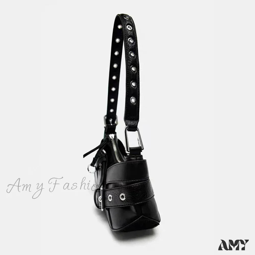 School Bag Fashion Punk Skeleton Rivet Black Pu Backpack Y2K Chain Goth Women Leather