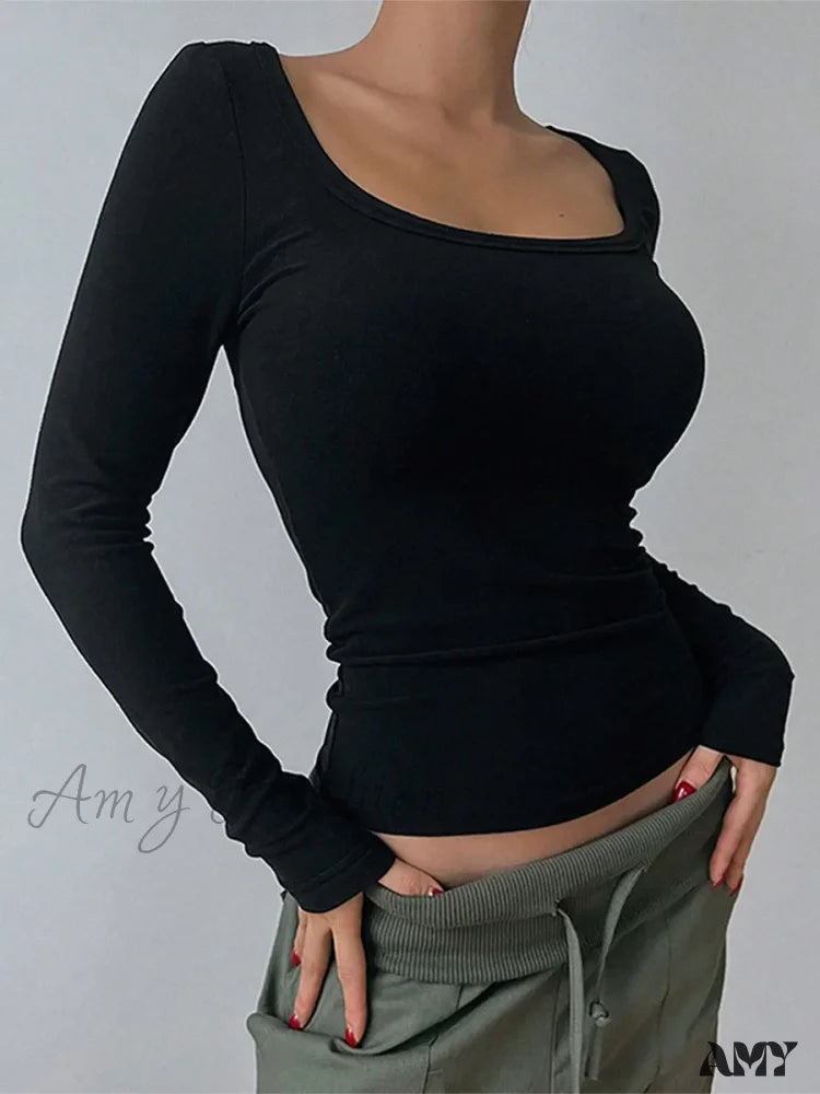 Scoop Neck Slim Fit Seamless Y2K Solid Color Tight Long Sleeve Crop Top