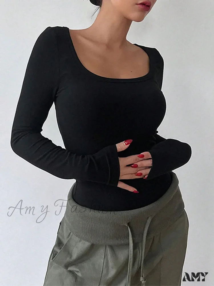 Scoop Neck Slim Fit Seamless Y2K Solid Color Tight Long Sleeve Crop Top