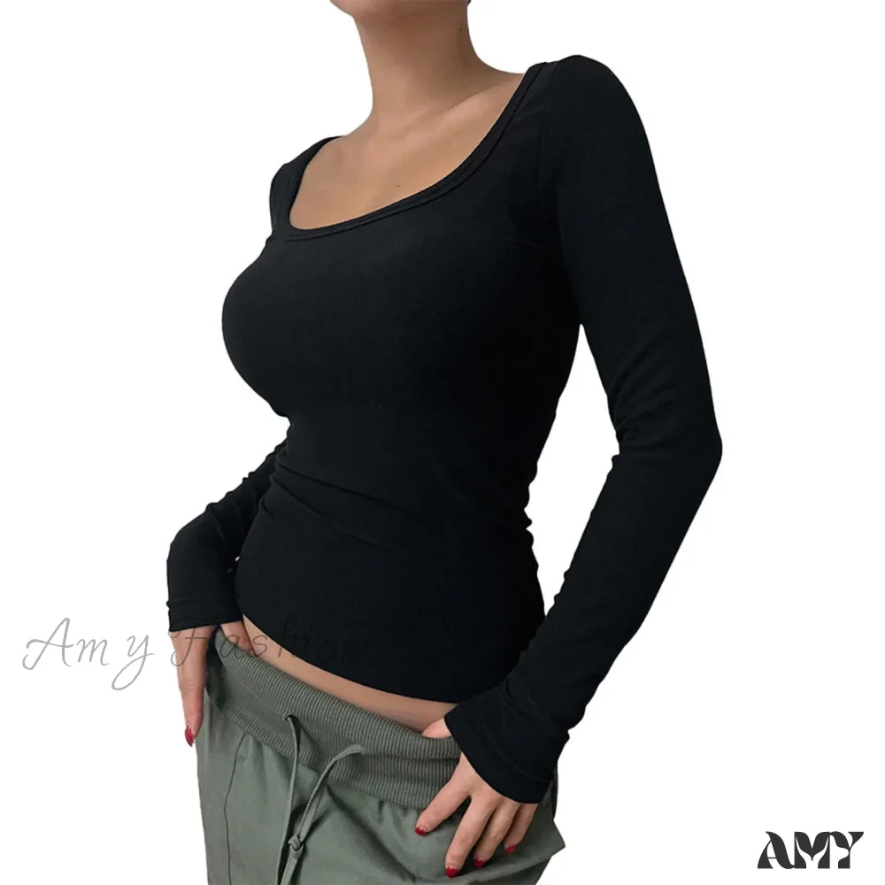 Scoop Neck Slim Fit Seamless Y2K Solid Color Tight Long Sleeve Crop Top Black / S