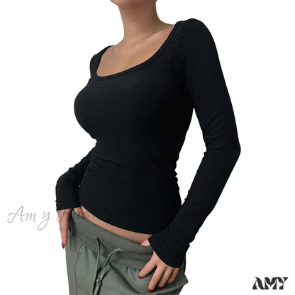 Scoop Neck Slim Fit Seamless Y2K Solid Color Tight Long Sleeve Crop Top Black / S