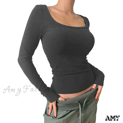 Scoop Neck Slim Fit Seamless Y2K Solid Color Tight Long Sleeve Crop Top Gray / S