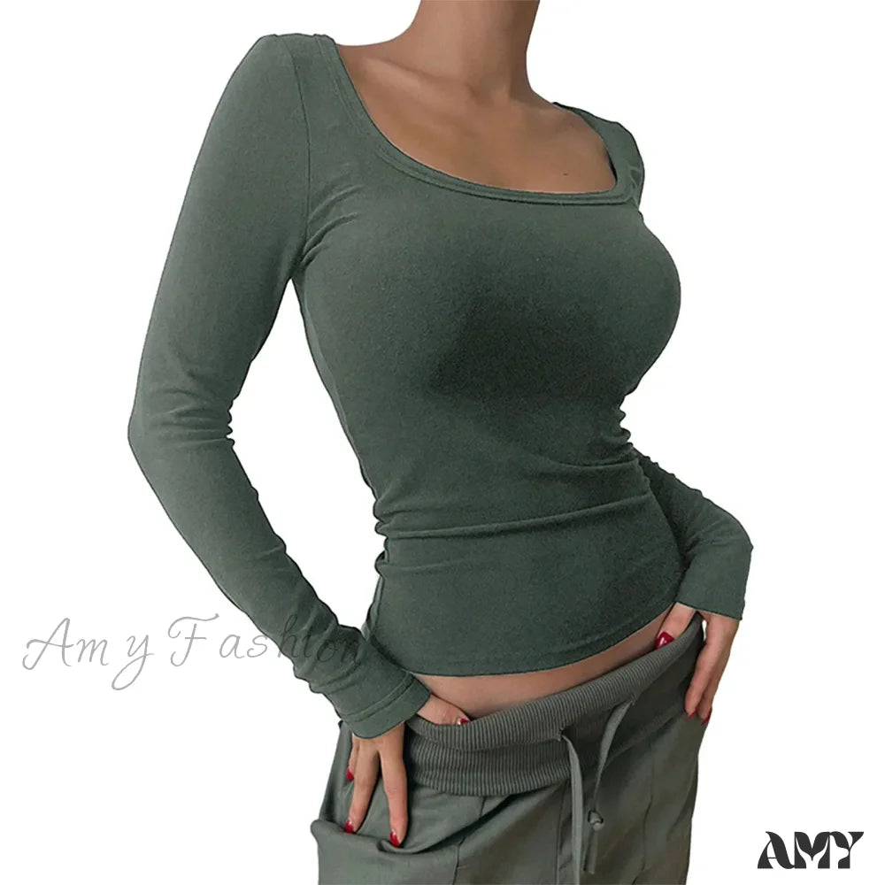 Scoop Neck Slim Fit Seamless Y2K Solid Color Tight Long Sleeve Crop Top Green / S