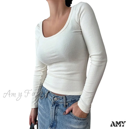 Scoop Neck Slim Fit Seamless Y2K Solid Color Tight Long Sleeve Crop Top White / S