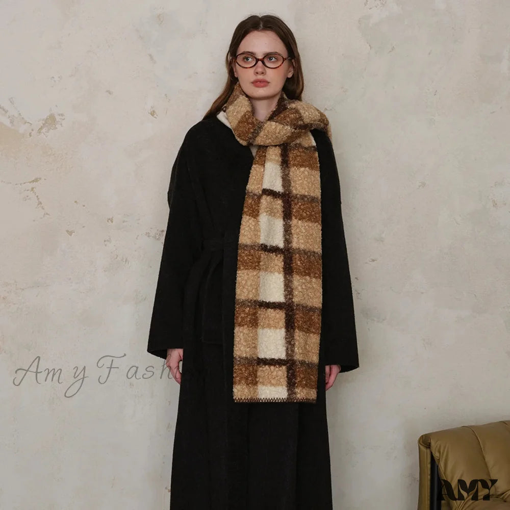 Scottish Woolen Plaid Scarf For Women - Autumn/Winter Shawl Coffee Beige / L190 W50Cm