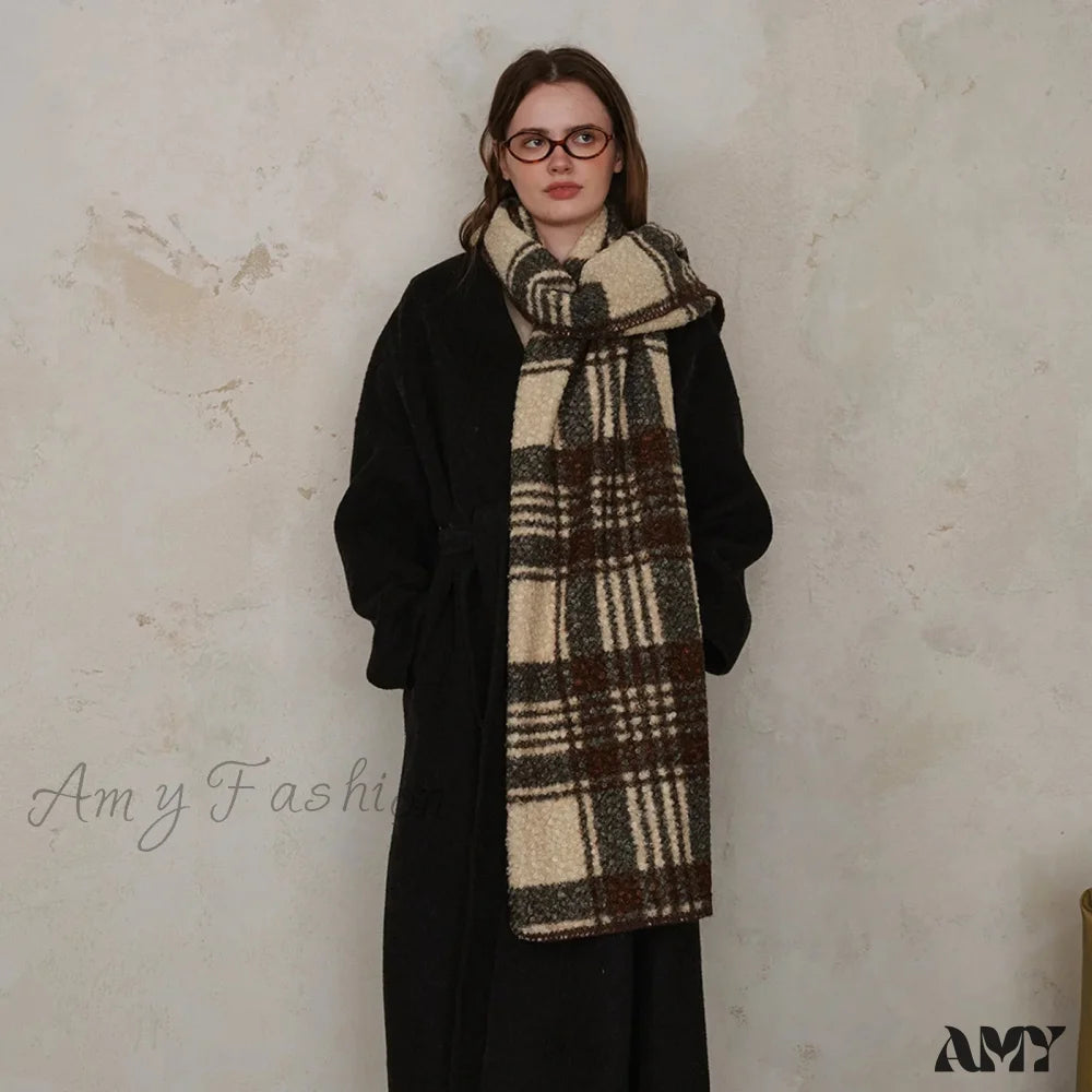 Scottish Woolen Plaid Scarf For Women - Autumn/Winter Shawl Green Coffee Beige / L190 W50Cm