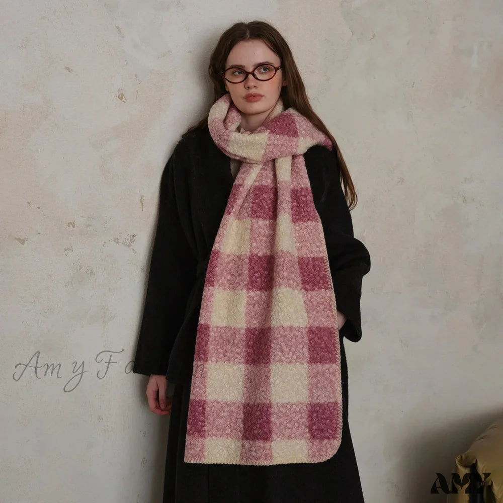 Scottish Woolen Plaid Scarf For Women - Autumn/Winter Shawl Pink Beige / L190 W50Cm