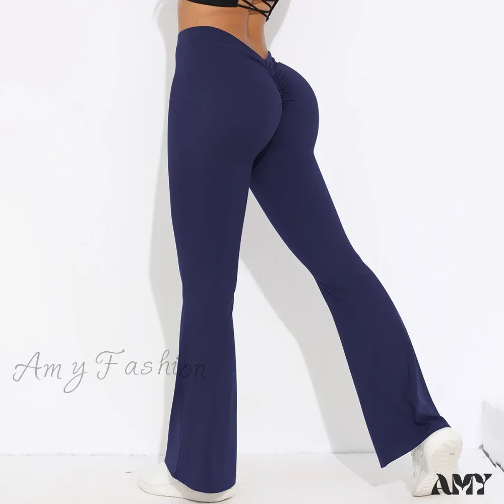 Scrunch Butt Gym Flare Sexy V Waist Push Up Naked Feeling Yoga Pants Workout Tights Leggings Navy /